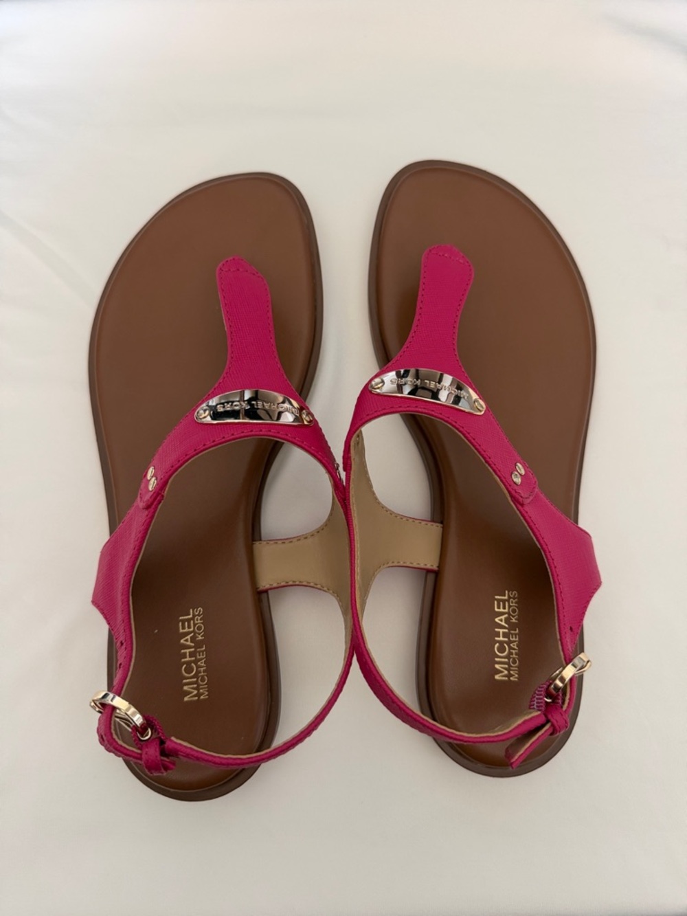 MICHAEL Michael Kors Pink T-Strap Sandals with Gold Accents